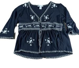 Essentials by ABS Cardigan Womens L Navy White Embroidered Cotton Boho Peplum